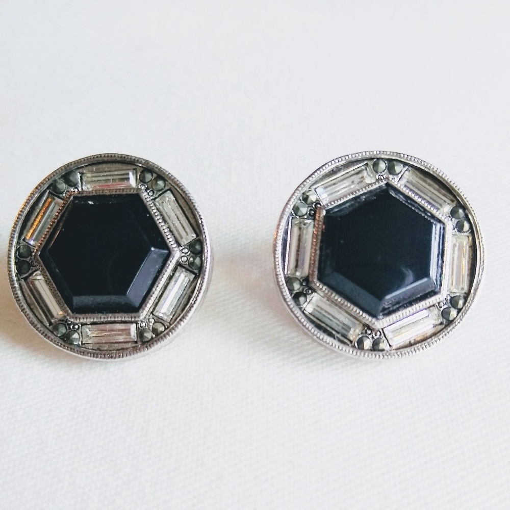 Vintage Monet - Faceted Black Clip-on Earrings